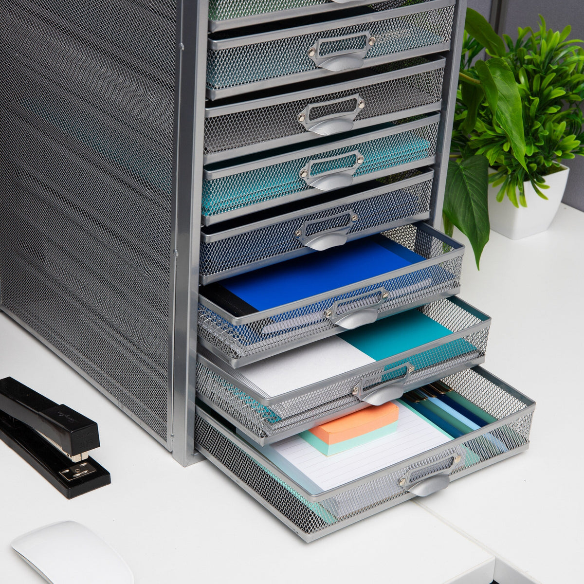 Mind Reader Silver Metal Mesh Desk Organizer with Pull-Out Drawers - Modern Design, Versatile and Easy to Organize