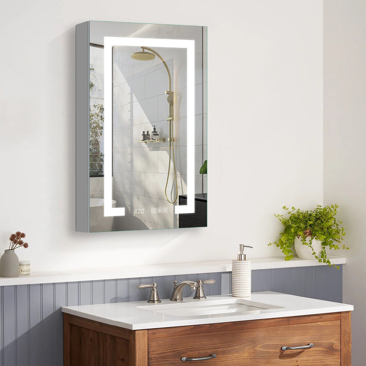 WELLFOR EX4 20-in x 32-in Lighted LED Fog Free Surface/Recessed Mount Silver Mirrored Soft Close Medicine Cabinet with Outlet