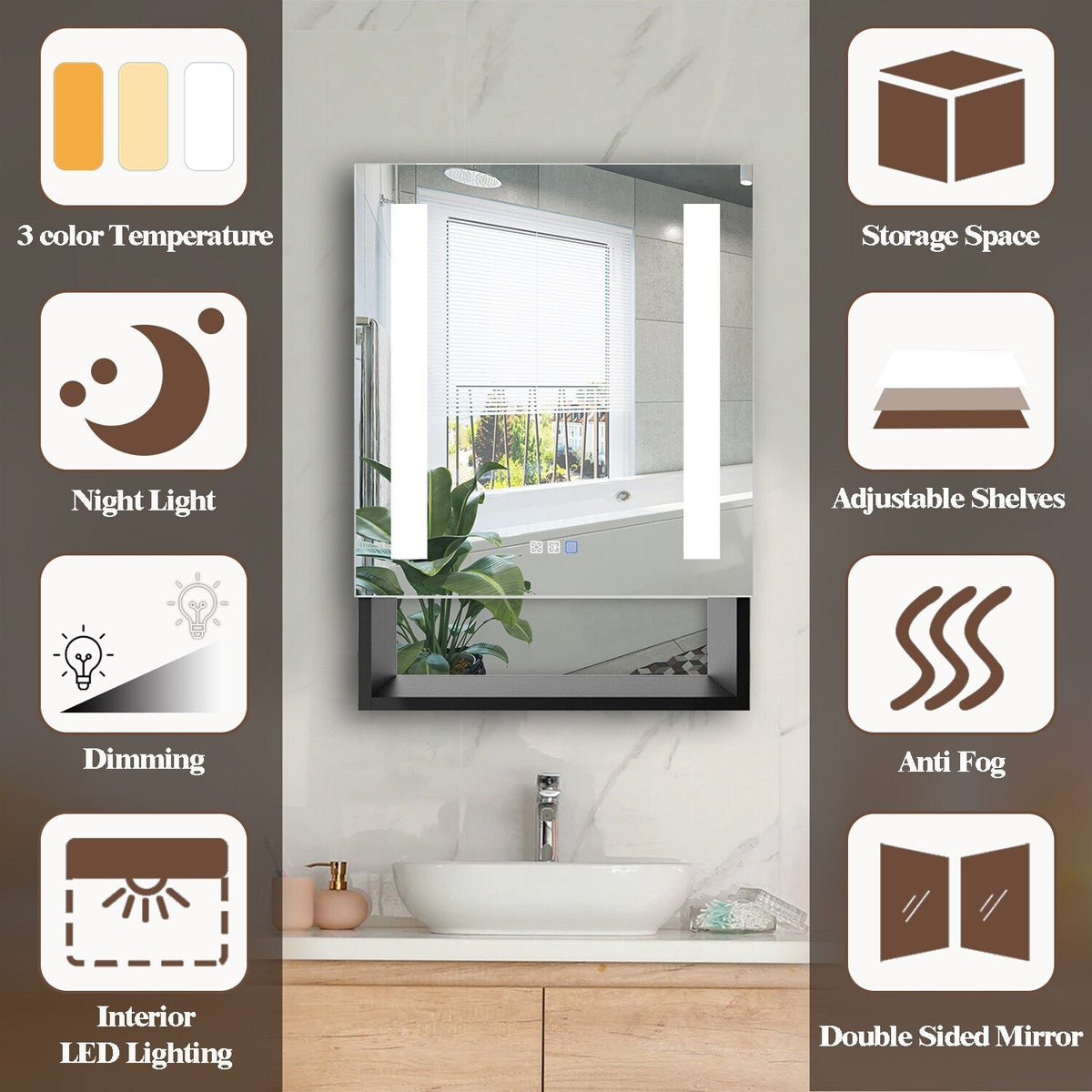 WELLFOR VICK 20-in x 30-in Lighted LED Fog Free Surface/Recessed Mount Silver Mirrored Soft Close Medicine Cabinet with Outlet