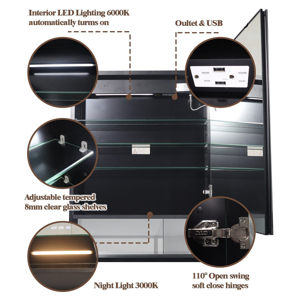 WELLFOR EX5 24-in x 32-in Lighted LED Fog Free Surface/Recessed Mount Black Mirrored Soft Close Medicine Cabinet with Outlet