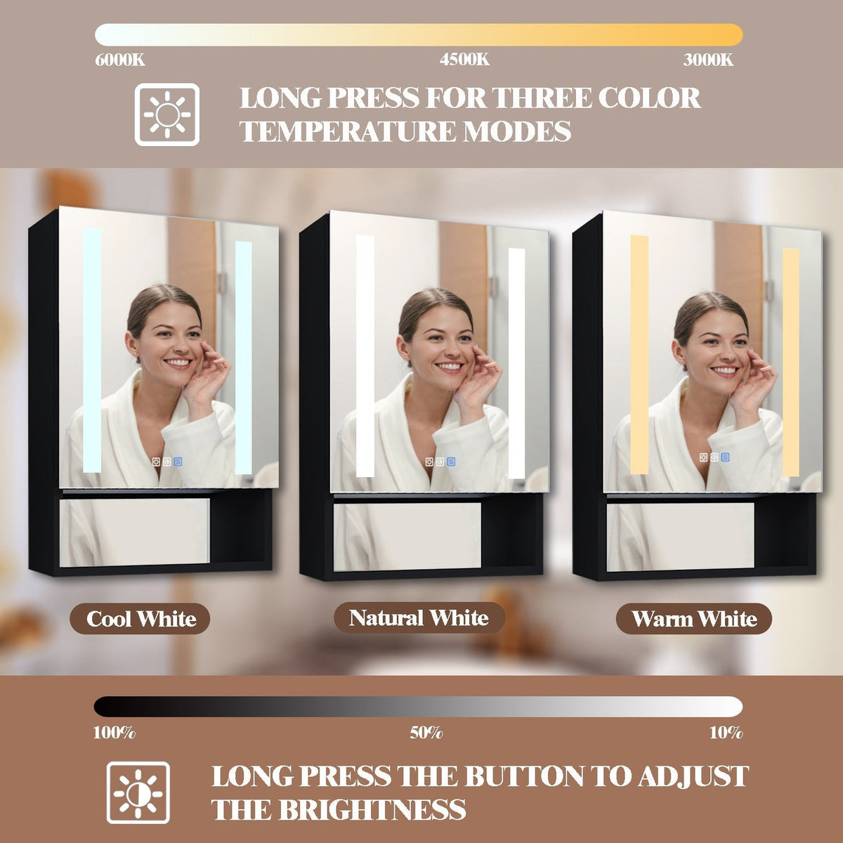 WELLFOR EX5 24-in x 32-in Lighted LED Fog Free Surface/Recessed Mount Black Mirrored Soft Close Medicine Cabinet with Outlet