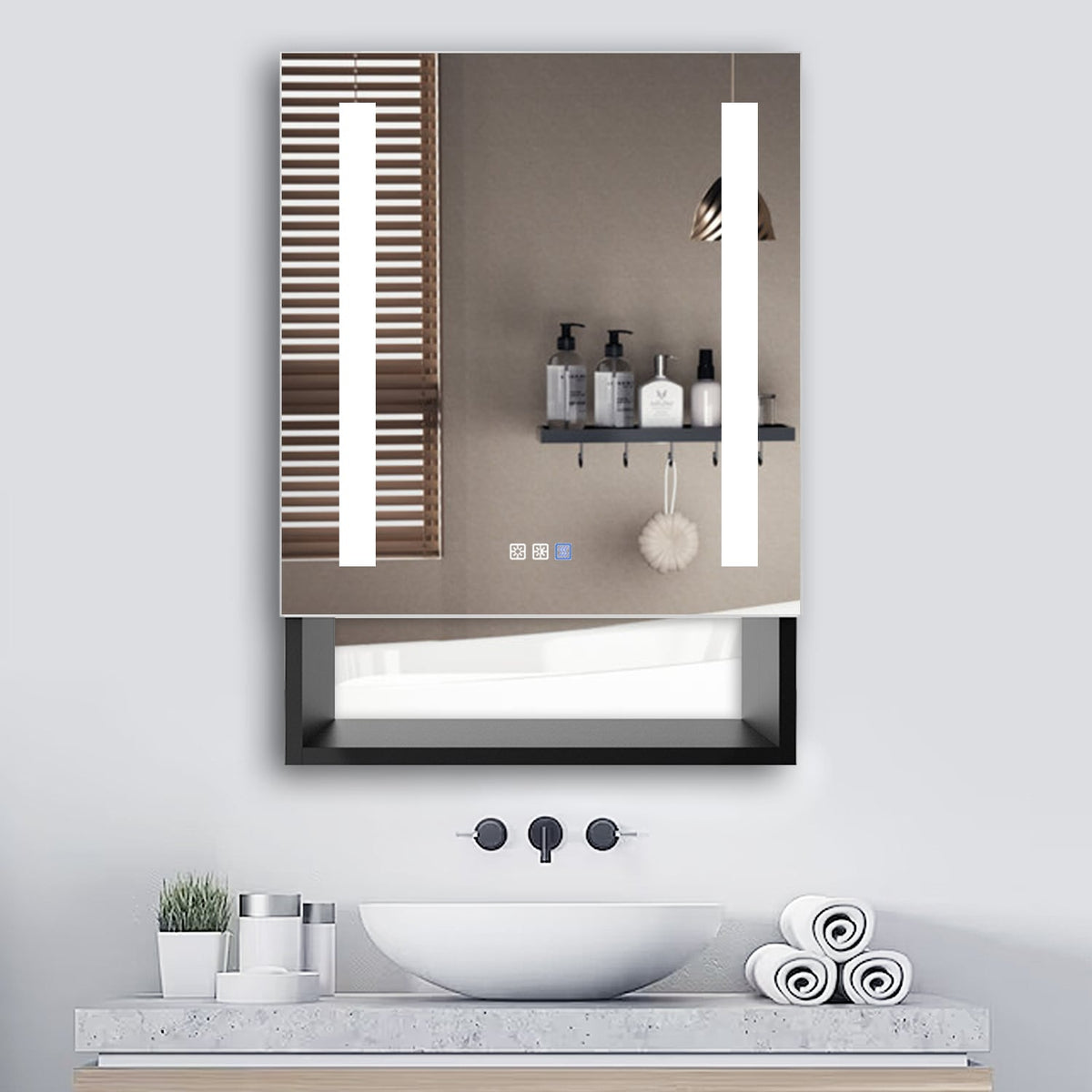 WELLFOR EX5 24-in x 32-in Lighted LED Fog Free Surface/Recessed Mount Black Mirrored Soft Close Medicine Cabinet with Outlet