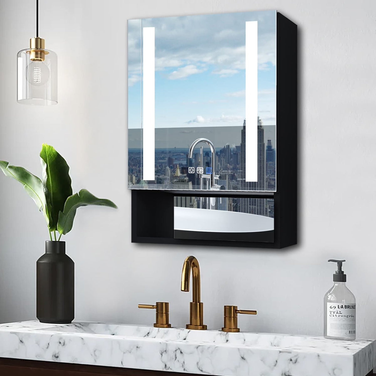 WELLFOR EX5 24-in x 32-in Lighted LED Fog Free Surface/Recessed Mount Black Mirrored Soft Close Medicine Cabinet with Outlet
