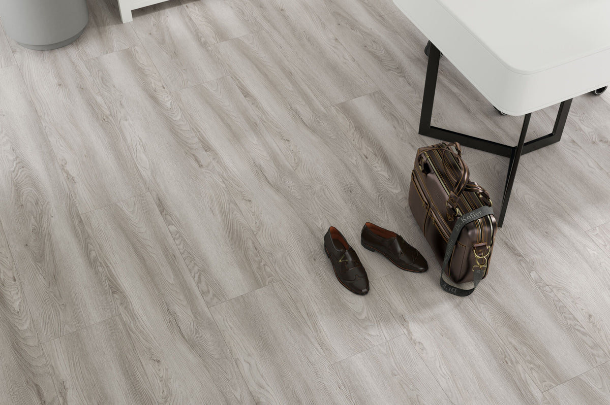 STAINMASTER (Sample) Beeson Oak Waterproof Wood Look Interlocking Luxury Vinyl Plank, 12-mil Wear Layer, 9.05-in x 12-in
