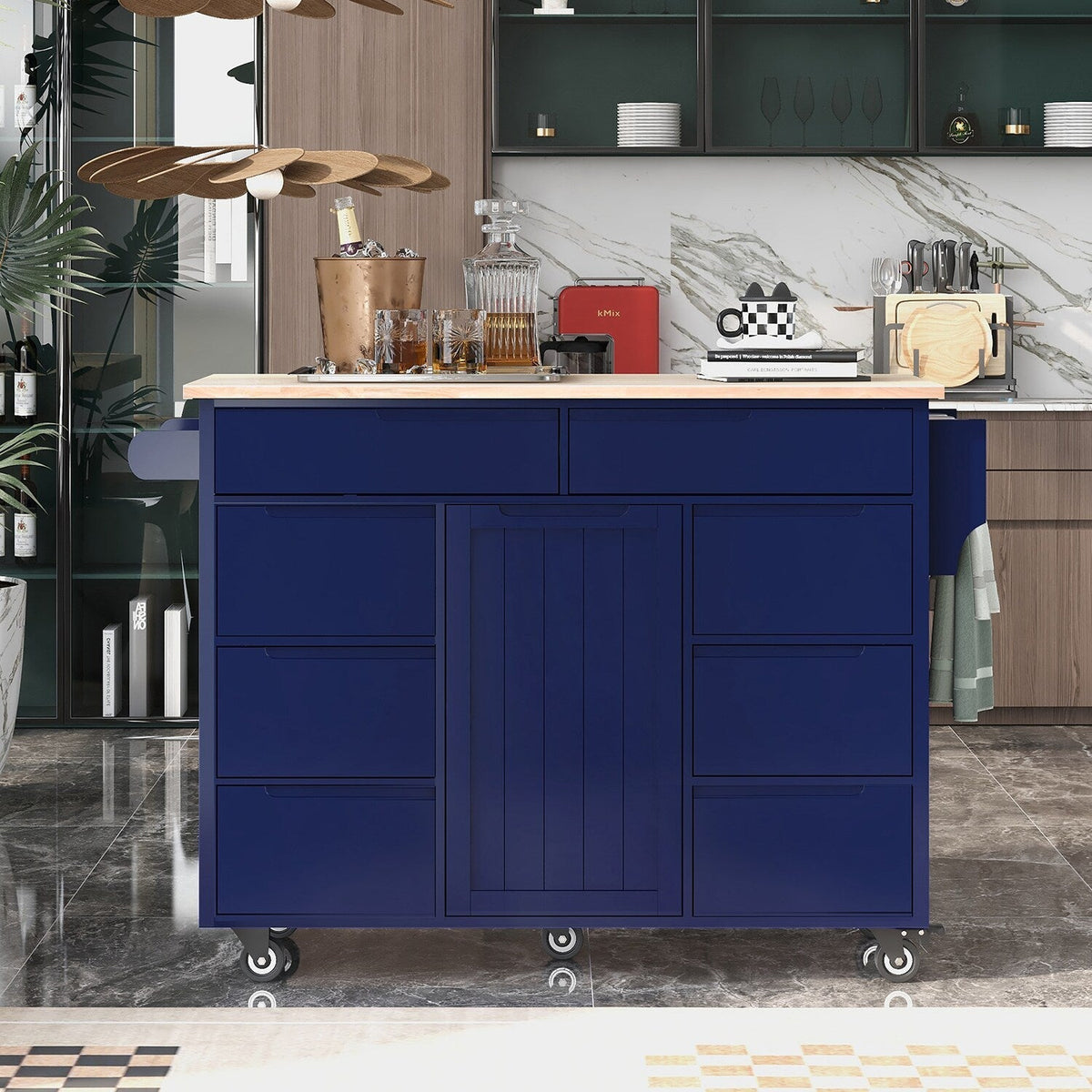 Bybafun Blue Mdf Base with Wood Top Rolling Kitchen Cart (18.5-in x 53.1-in x 37-in)