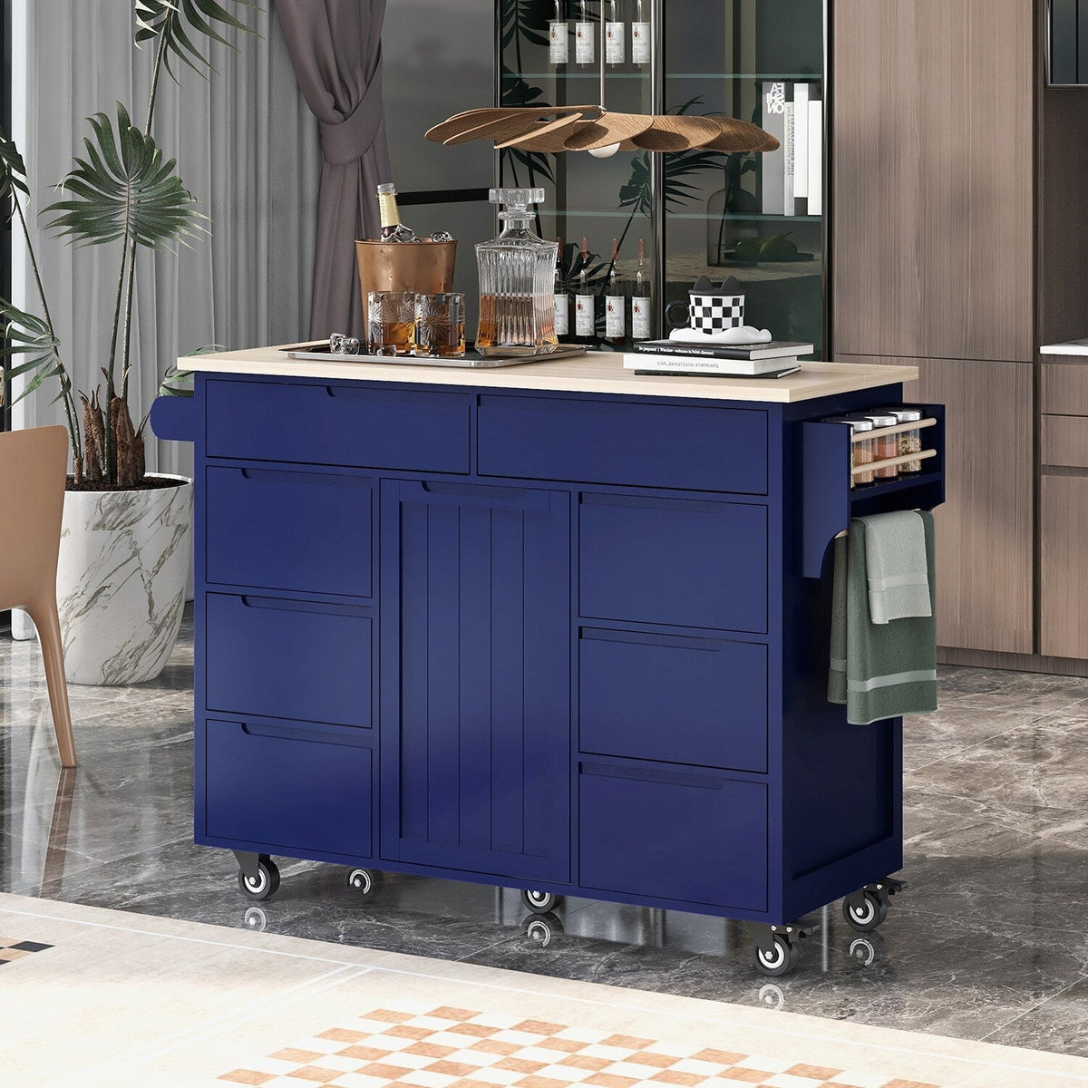 Bybafun Blue Mdf Base with Wood Top Rolling Kitchen Cart (18.5-in x 53.1-in x 37-in)