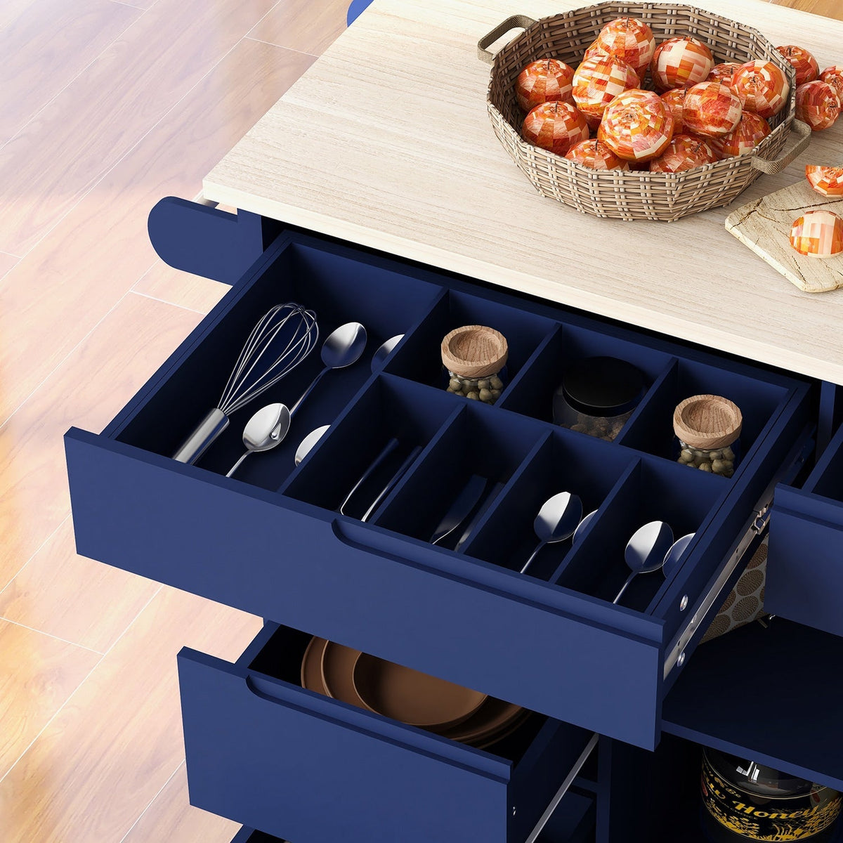 Bybafun Blue Mdf Base with Wood Top Rolling Kitchen Cart (18.5-in x 53.1-in x 37-in)