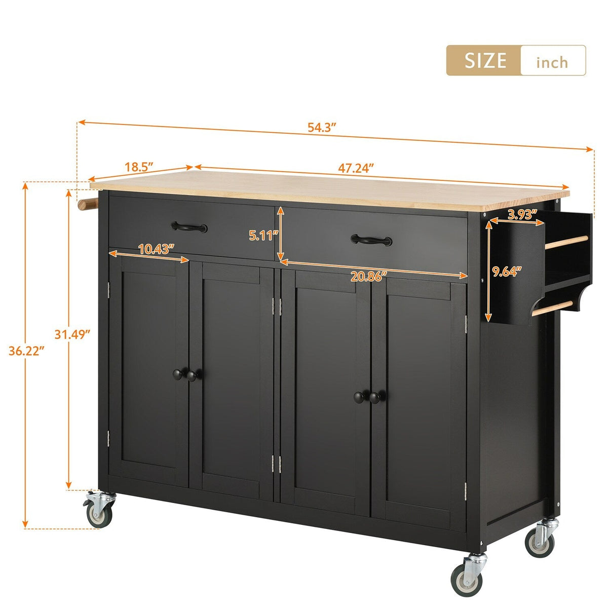 Bybafun Black Mdf Base with Wood Top Rolling Kitchen Cart (18.5-in x 54.33-in x 36.22-in)