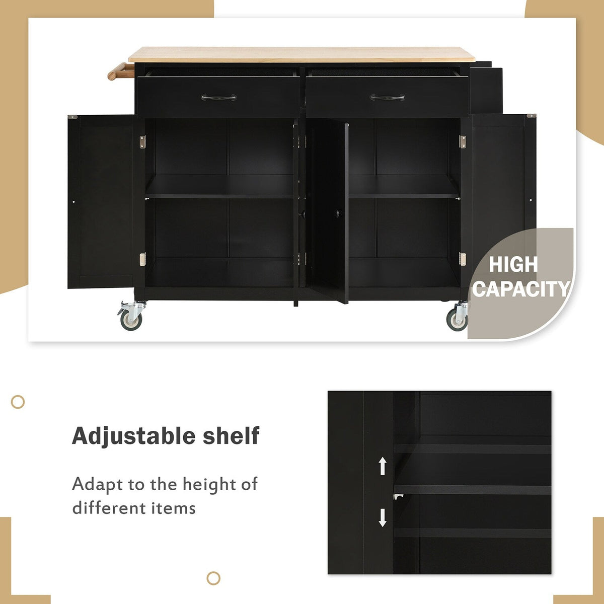 Bybafun Black Mdf Base with Wood Top Rolling Kitchen Cart (18.5-in x 54.33-in x 36.22-in)