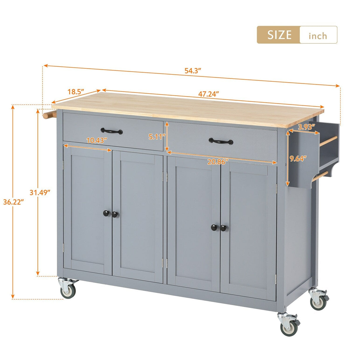 Bybafun Gray Mdf Base with Wood Top Rolling Kitchen Cart (18.5-in x 54.33-in x 36.22-in)
