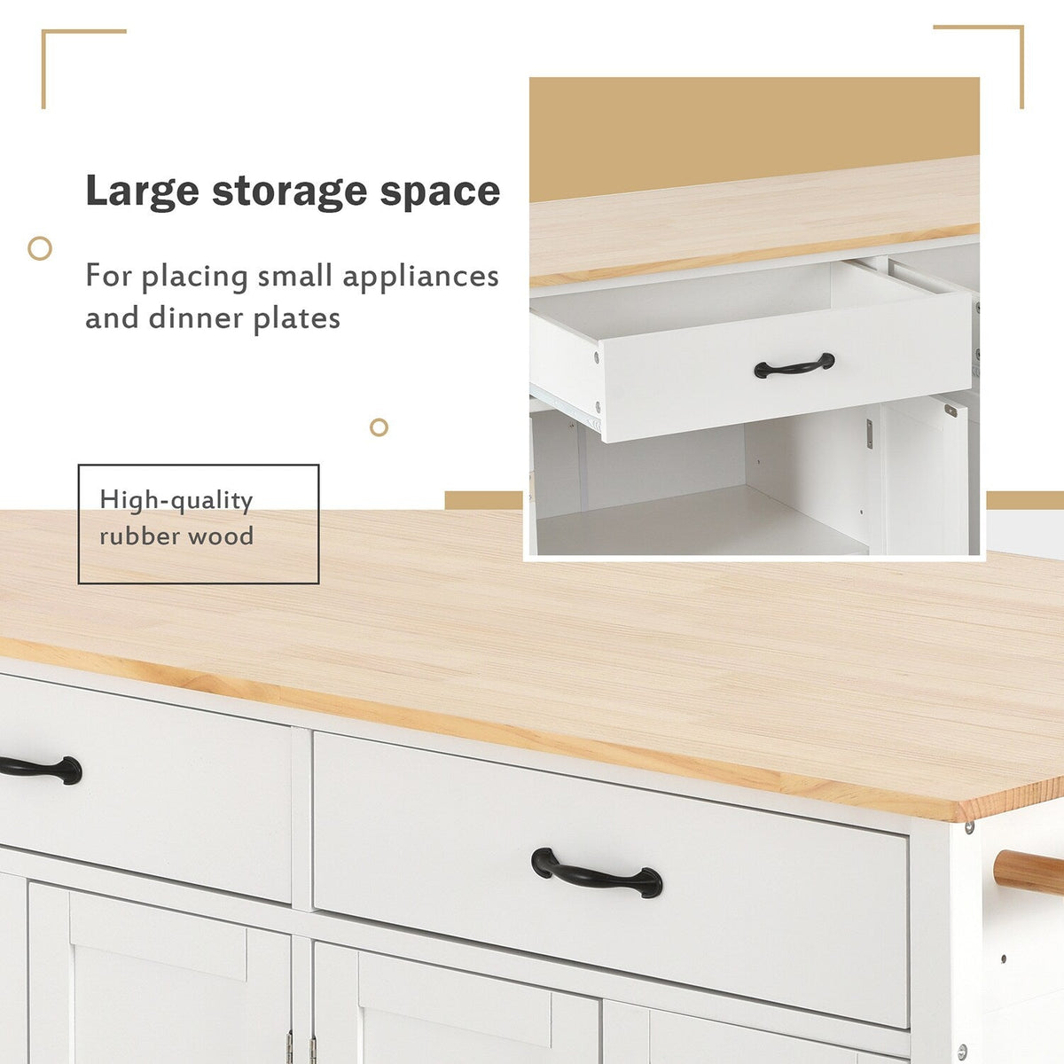 Bybafun White Mdf Base with Wood Top Rolling Kitchen Cart (18.5-in x 54.33-in x 36.22-in)