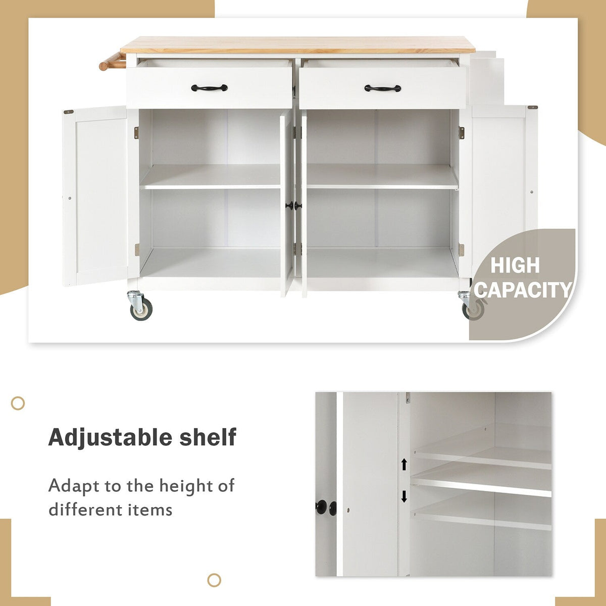 Bybafun White Mdf Base with Wood Top Rolling Kitchen Cart (18.5-in x 54.33-in x 36.22-in)