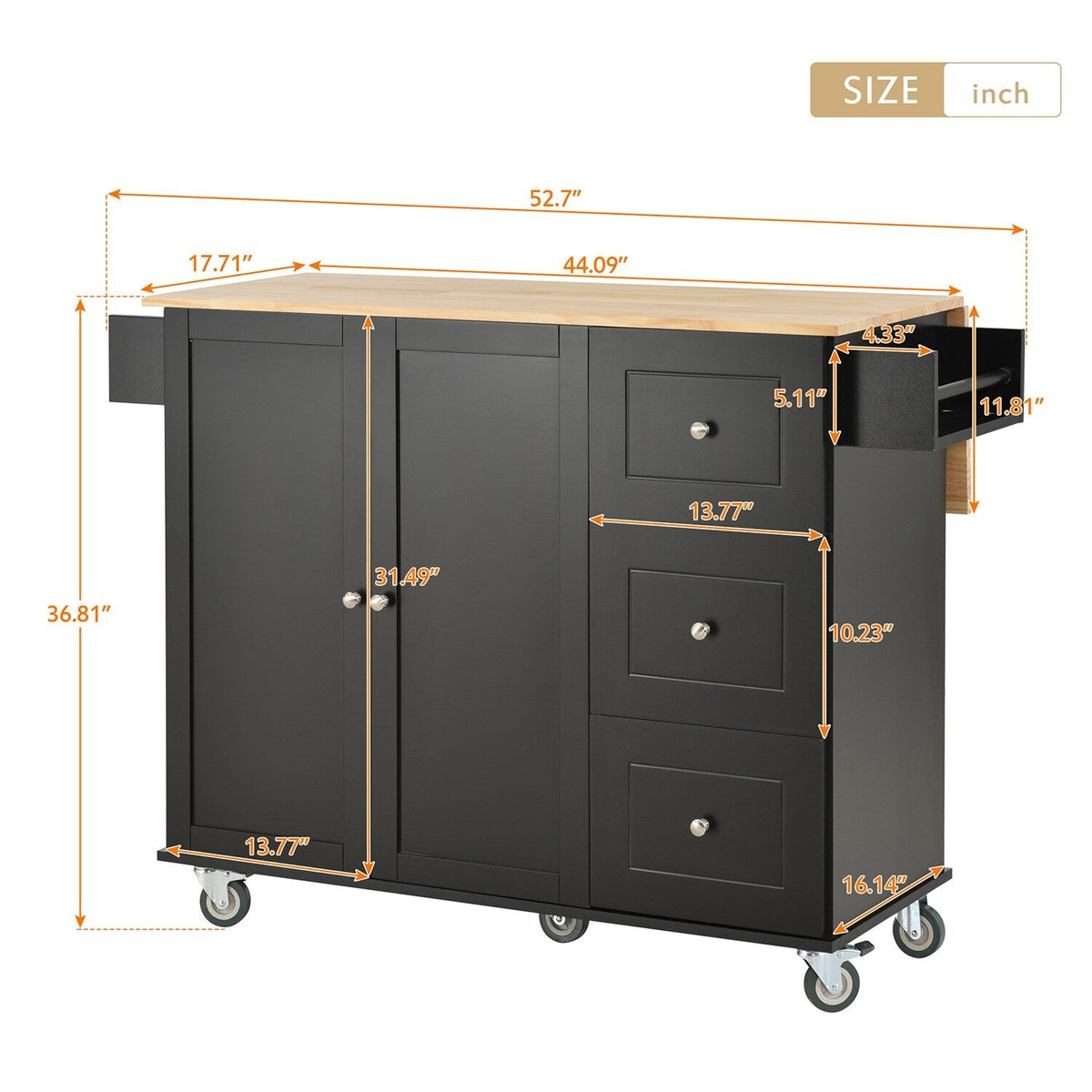 Bybafun Black Mdf Base with Wood Top Rolling Kitchen Cart (29.5-in x 52.76-in x 36.81-in)