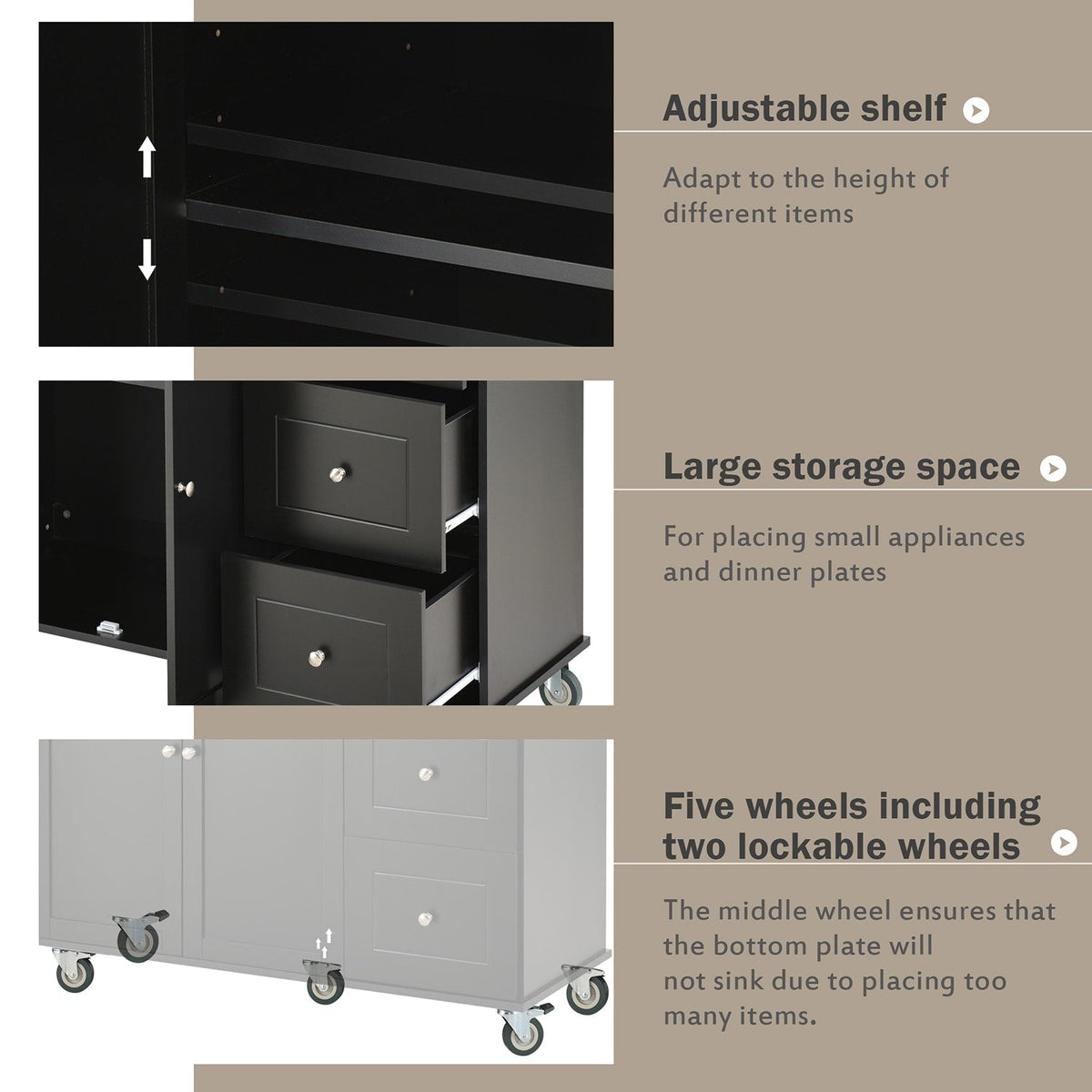 Bybafun Black Mdf Base with Wood Top Rolling Kitchen Cart (29.5-in x 52.76-in x 36.81-in)