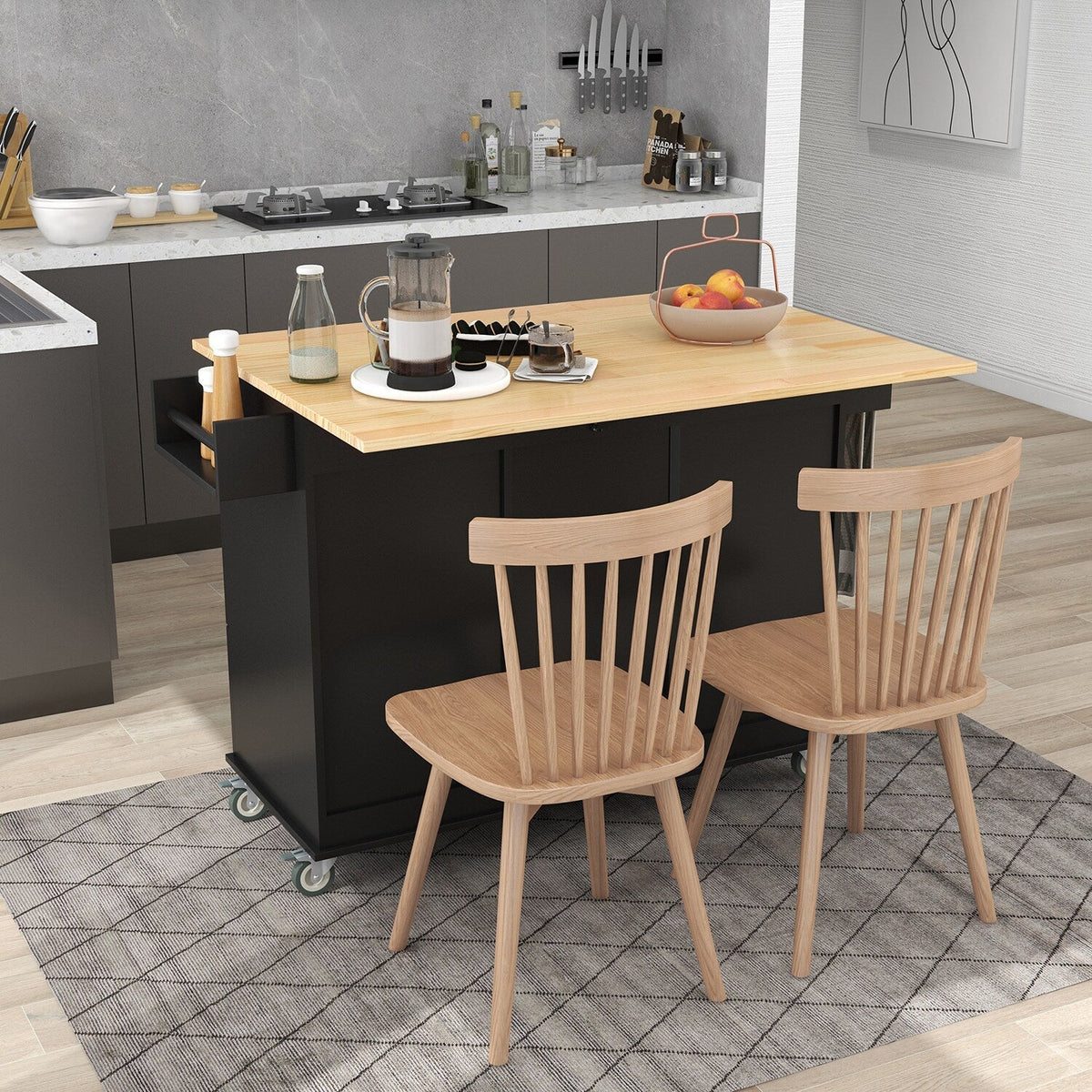 Bybafun Black Mdf Base with Wood Top Rolling Kitchen Cart (29.5-in x 52.76-in x 36.81-in)