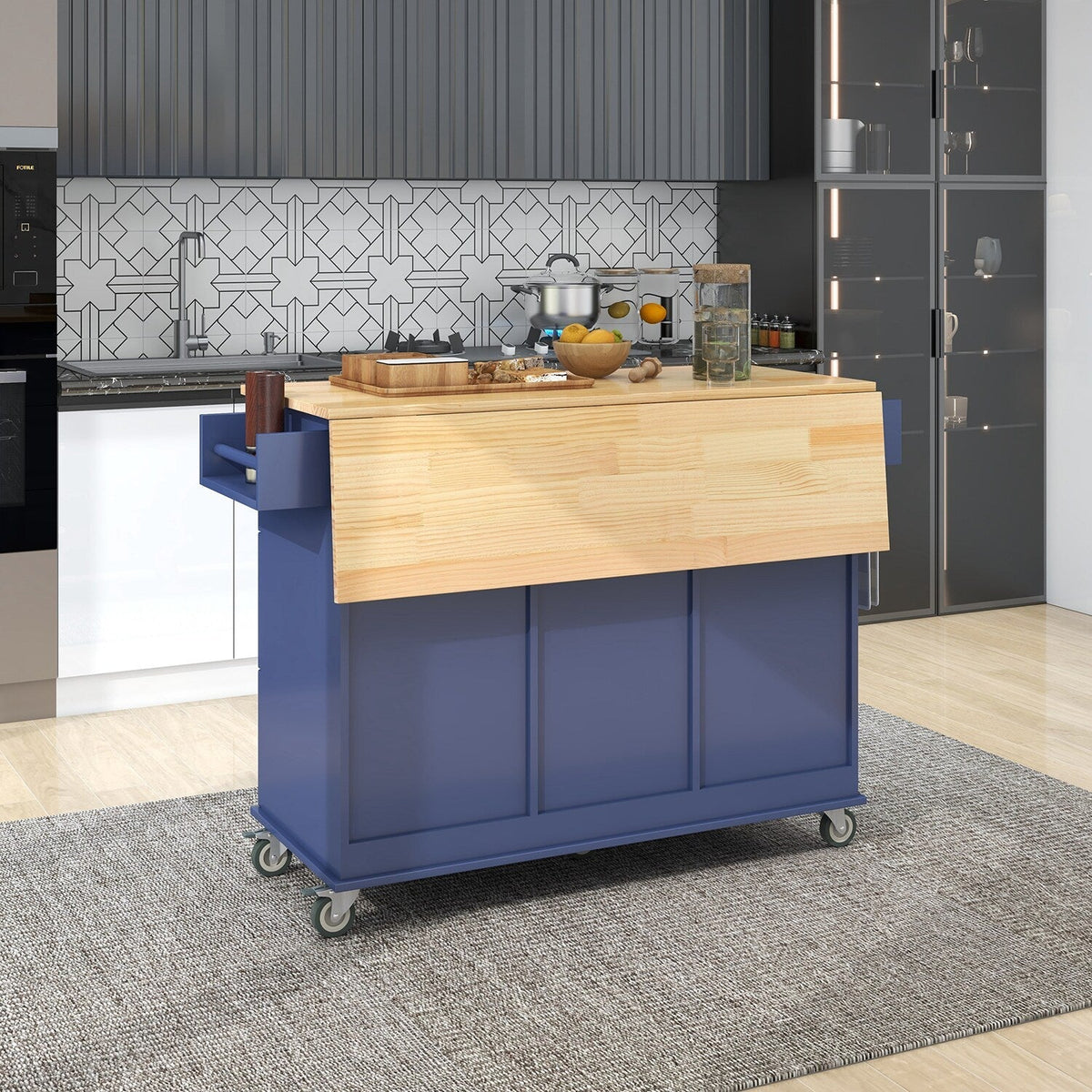 Bybafun Blue Mdf Base with Wood Top Rolling Kitchen Cart (29.5-in x 52.76-in x 36.81-in)