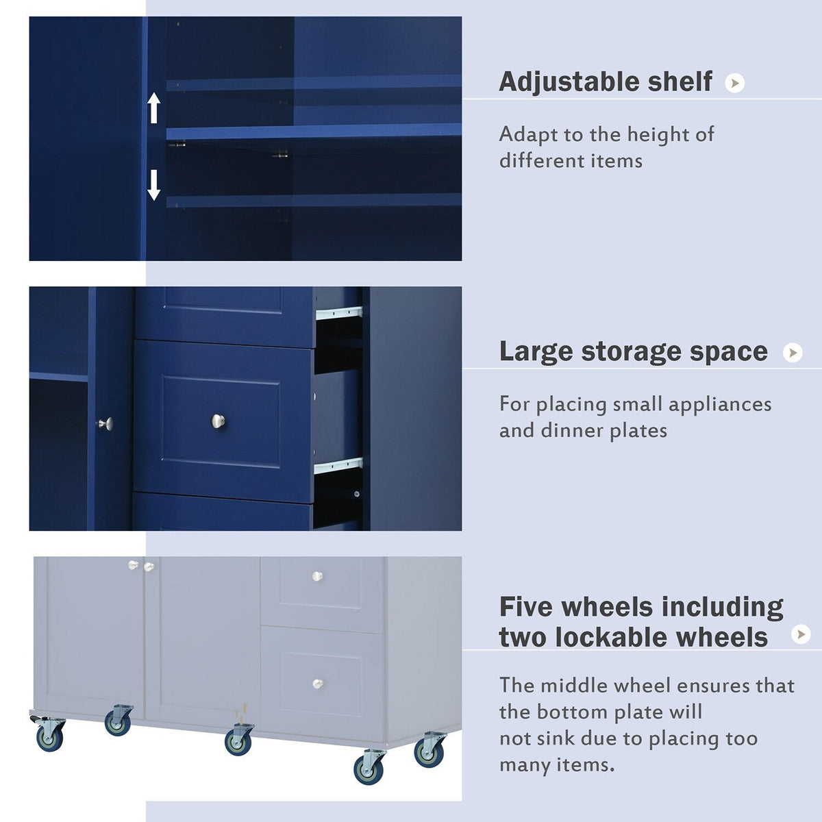 Bybafun Blue Mdf Base with Wood Top Rolling Kitchen Cart (29.5-in x 52.76-in x 36.81-in)