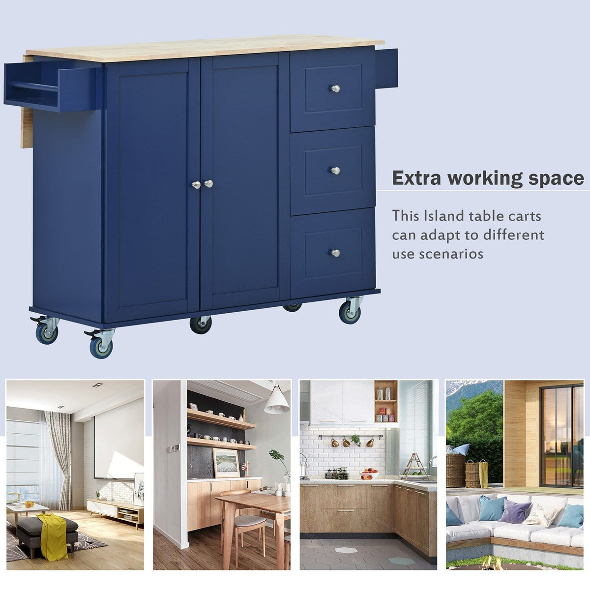 Bybafun Blue Mdf Base with Wood Top Rolling Kitchen Cart (29.5-in x 52.76-in x 36.81-in)
