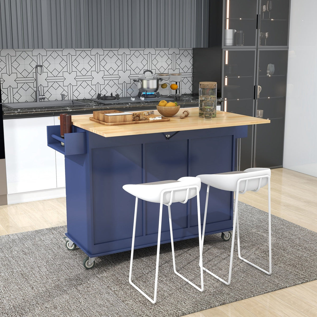 Bybafun Blue Mdf Base with Wood Top Rolling Kitchen Cart (29.5-in x 52.76-in x 36.81-in)