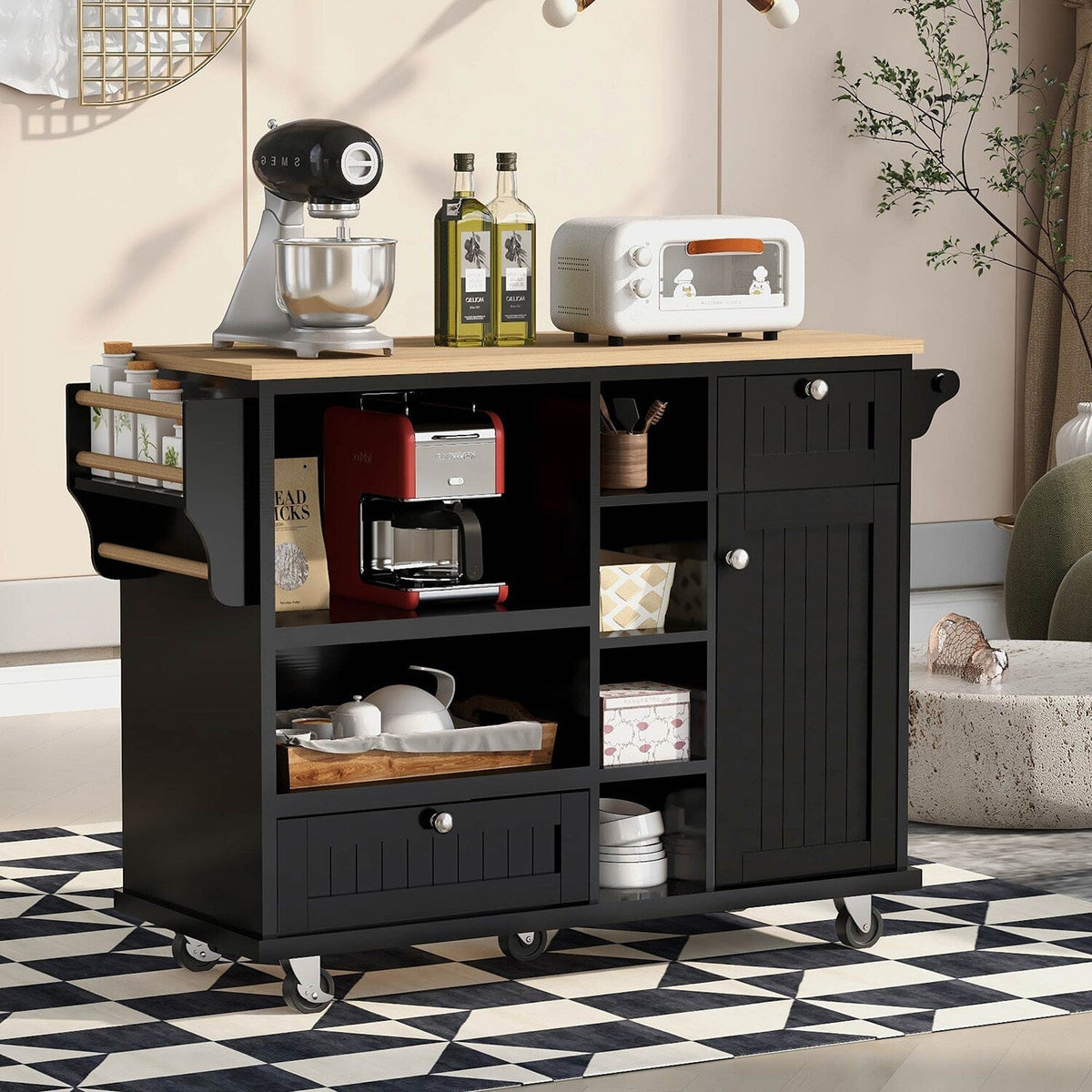 Bybafun Black Mdf Base with Wood Top Rolling Kitchen Cart (18.1-in x 50.8-in x 36.2-in)
