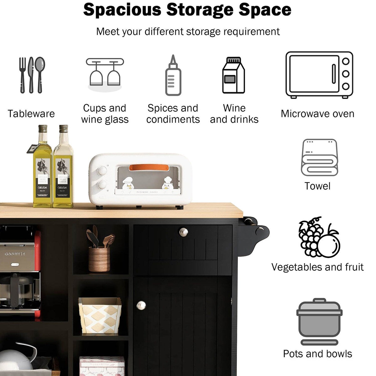 Bybafun Black Mdf Base with Wood Top Rolling Kitchen Cart (18.1-in x 50.8-in x 36.2-in)