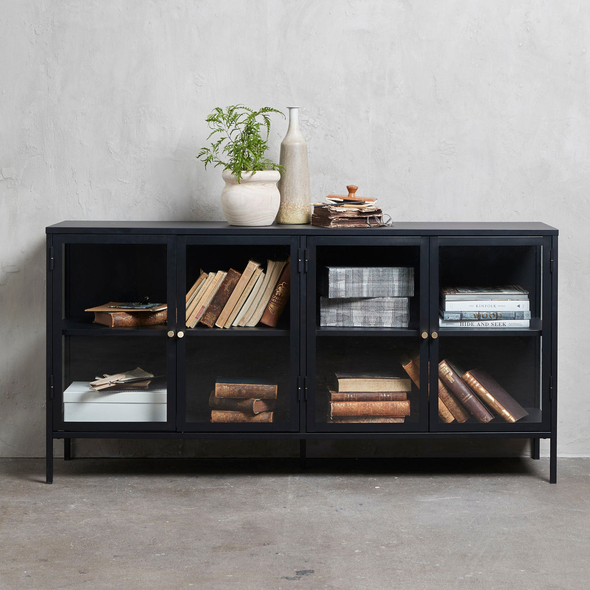 Black Contemporary/Modern Stainless Steel Media Cabinet