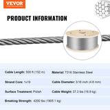 VEVOR 500-ft Silver Stainless Steel Cable
