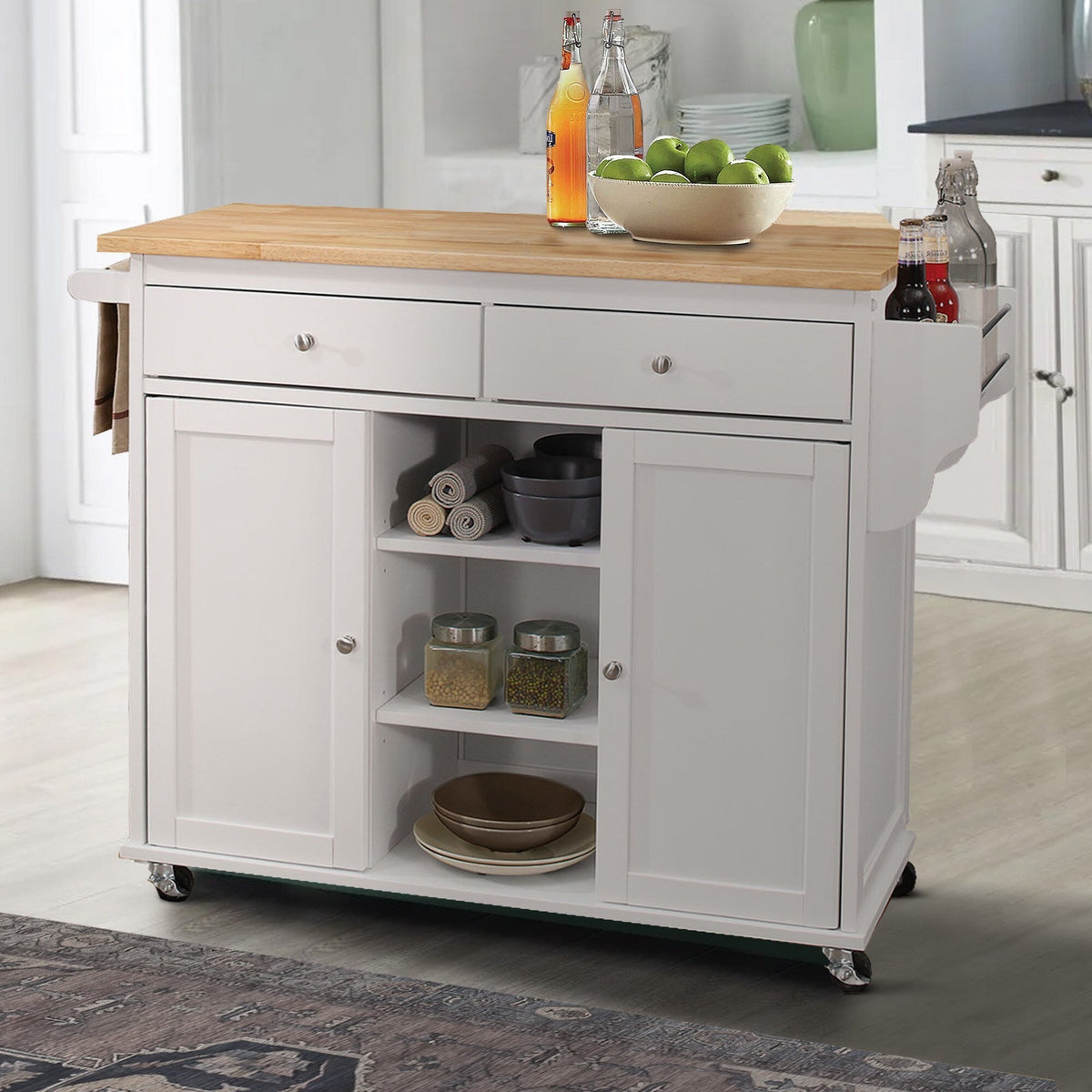 Benzara White Mdf Base with Mdf Wood Top Kitchen Cart (18-in x 47-in x 34-in)