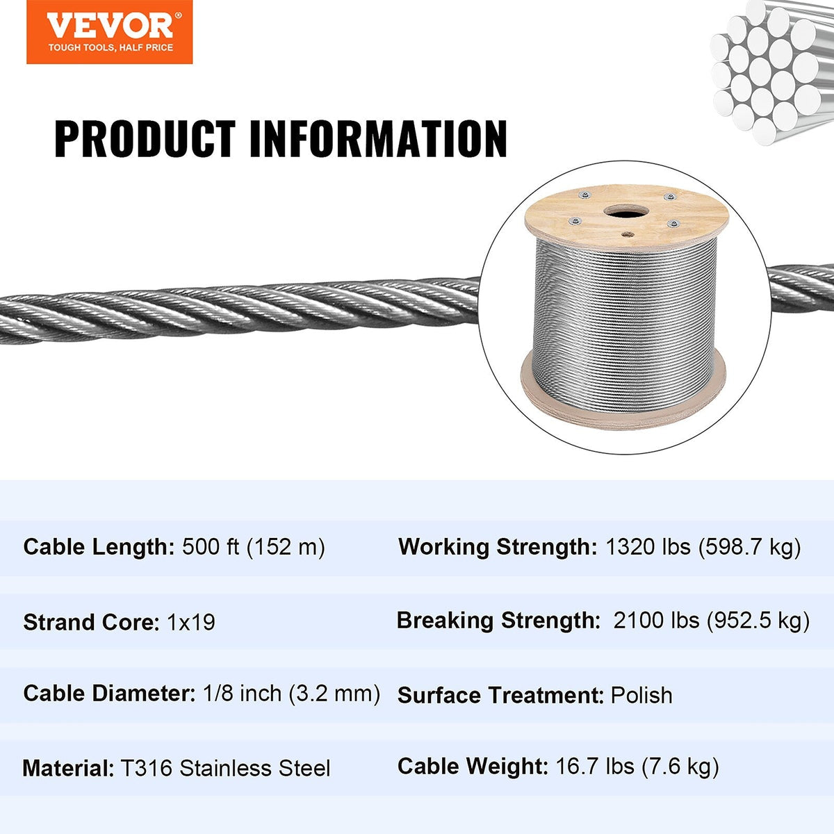 VEVOR 500-ft Silver Stainless Steel Cable