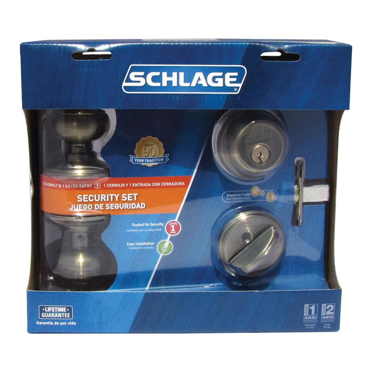 Schlage Georgian Antique Brass Knob and Single Cylinder Deadbolt, ANSI Grade 2, Fits 1-3/8 to 1-3/4 in Doors