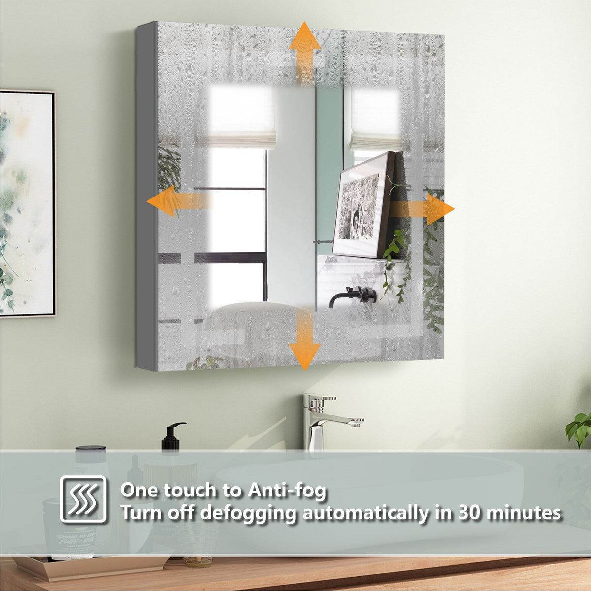 WELLFOR EX4 30-in x 32-in Lighted LED Fog Free Surface/Recessed Mount Silver Mirrored Soft Close Medicine Cabinet with Outlet
