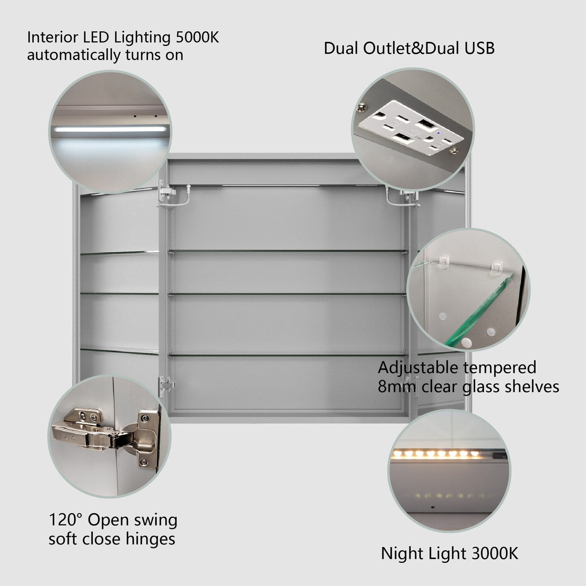 WELLFOR EX4 30-in x 32-in Lighted LED Fog Free Surface/Recessed Mount Silver Mirrored Soft Close Medicine Cabinet with Outlet