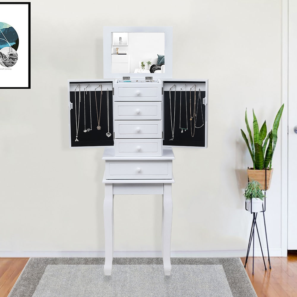 Winado Traditional White Jewelry Armoire with 4 Drawers, 2 Doors, and Mirror - Freestanding Floor Cabinet