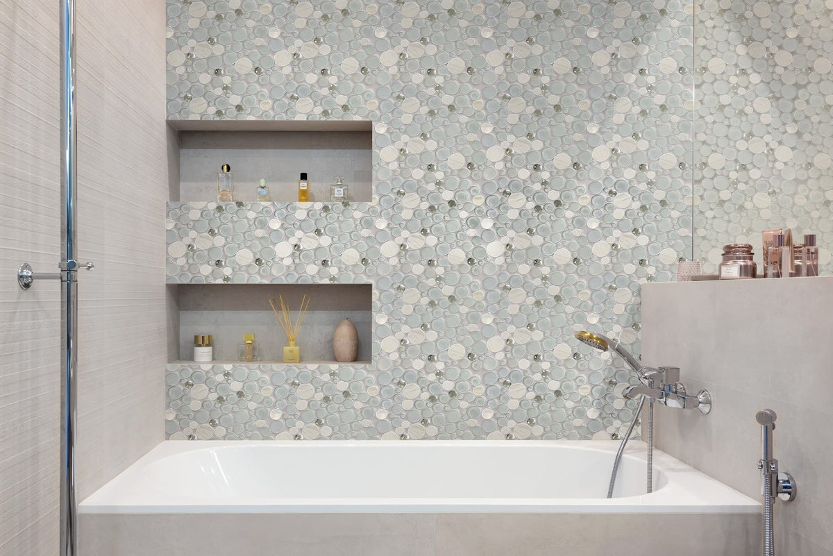 Apollo Tile (Sample) Winterland White 4-in x 4-in Glossy Glass Circular Patterned Wall Tile
