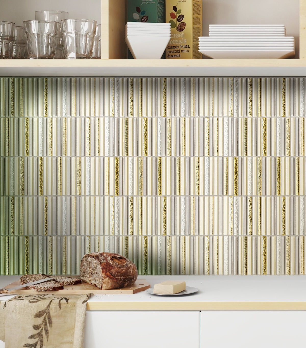 Apollo Tile (Sample) Waterfall Gold and Beige 4-in x 4-in Glossy Glass Linear Patterned Wall Tile