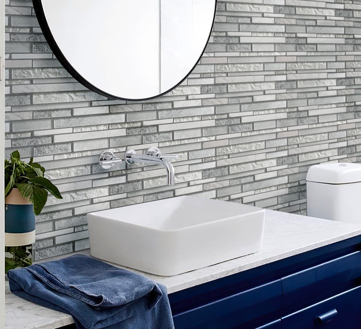 Apollo Tile (Sample) Waterfall White and Gray 4-in x 4-in Multi-finish Glass/Metal/Stone Marble Linear Mosaic Wall Tile
