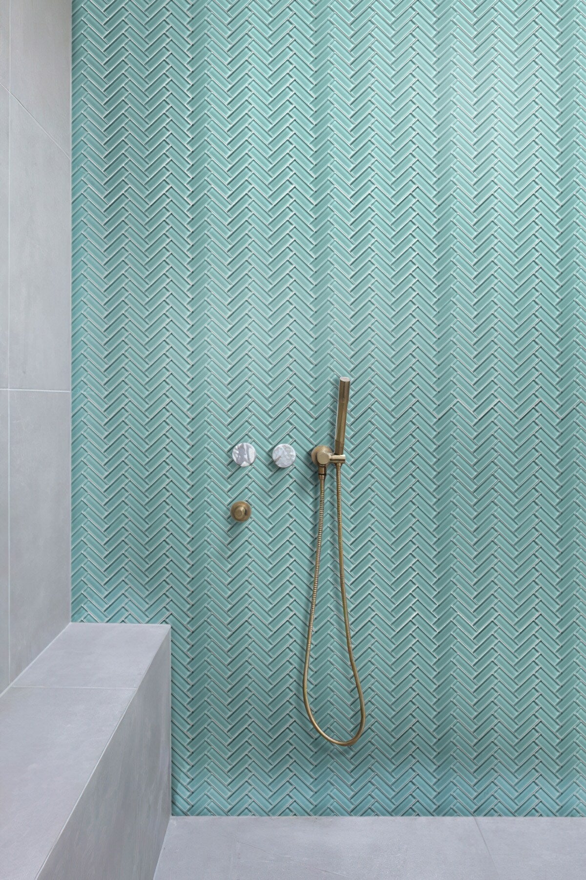 Apollo Tile (Sample) Colorway Tiffany Blue 4-in x 4-in Glossy Glass Herringbone Mosaic Floor and Wall Tile