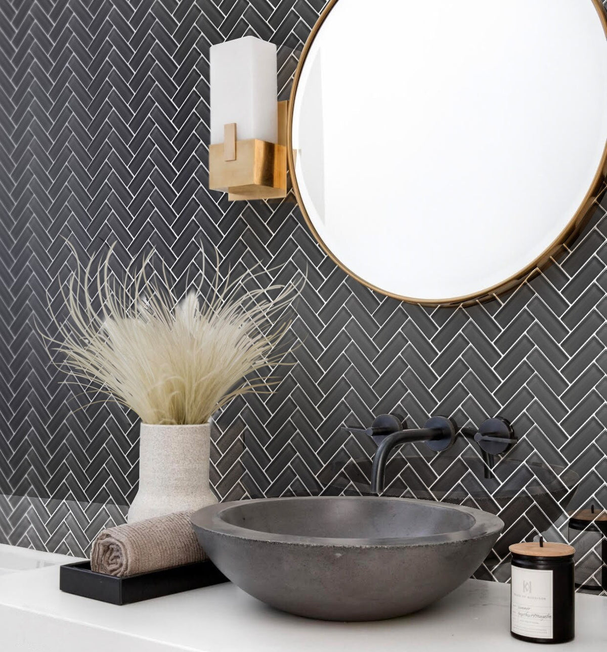 Apollo Tile (Sample) Colorway Anchor Gray 4-in x 4-in Glossy Glass Herringbone Floor and Wall Tile
