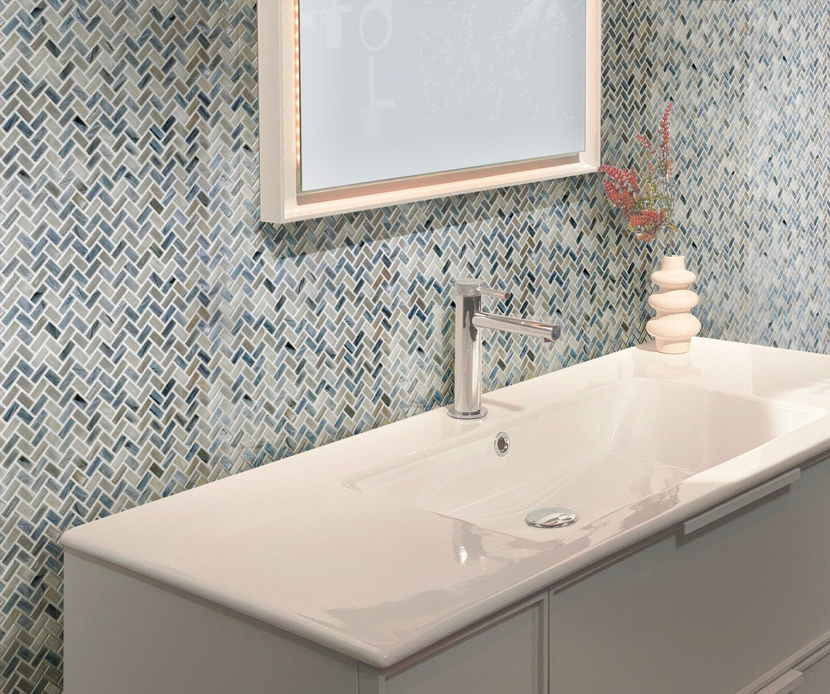 Apollo Tile (Sample) Majeste Blue Gray 4-in x 4-in Matte Glass Herringbone Mosaic Floor and Wall Tile