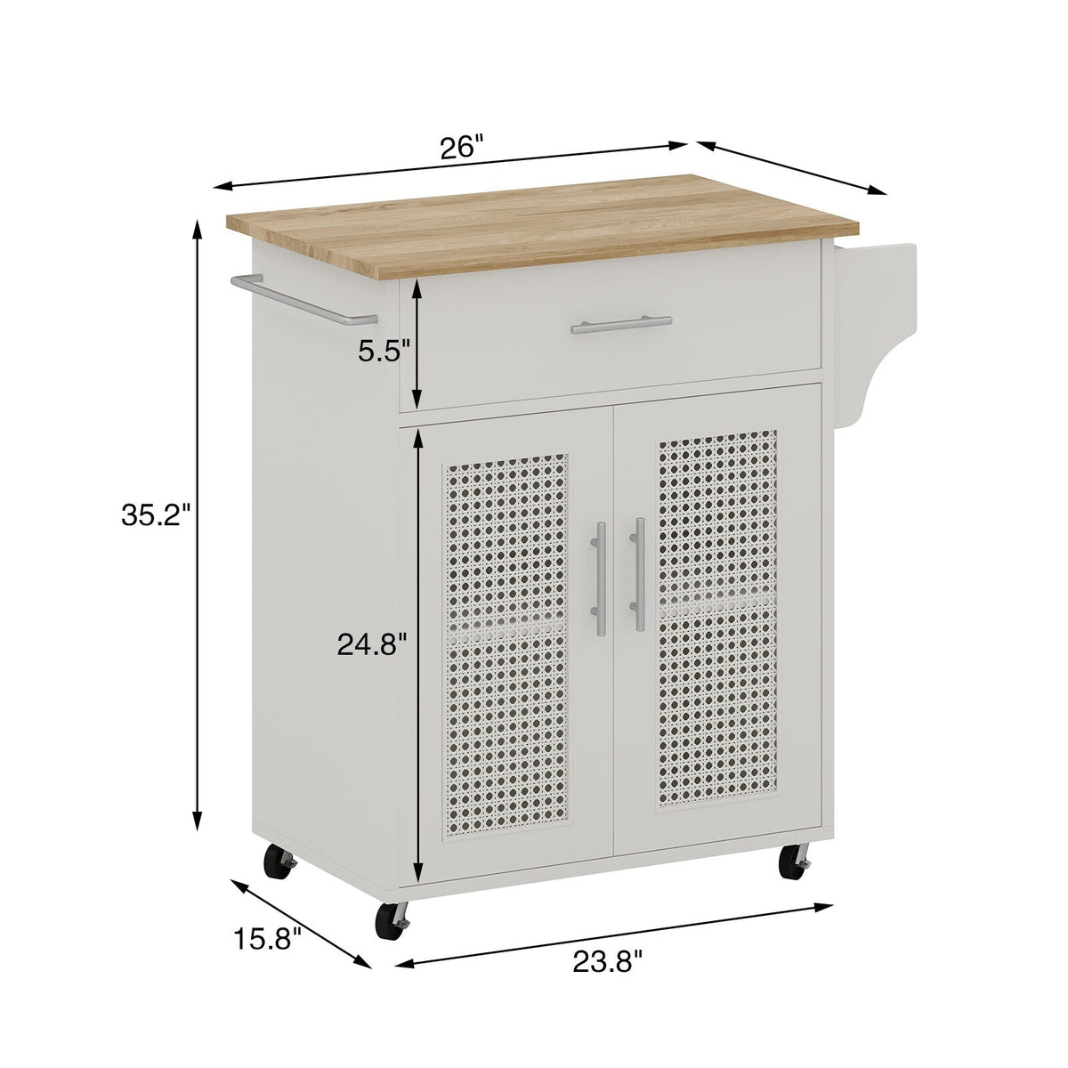Jarenie White Mdf Base with Composite Wood Top Rolling Kitchen Island (18-in x 26.1-in x 35.2-in)