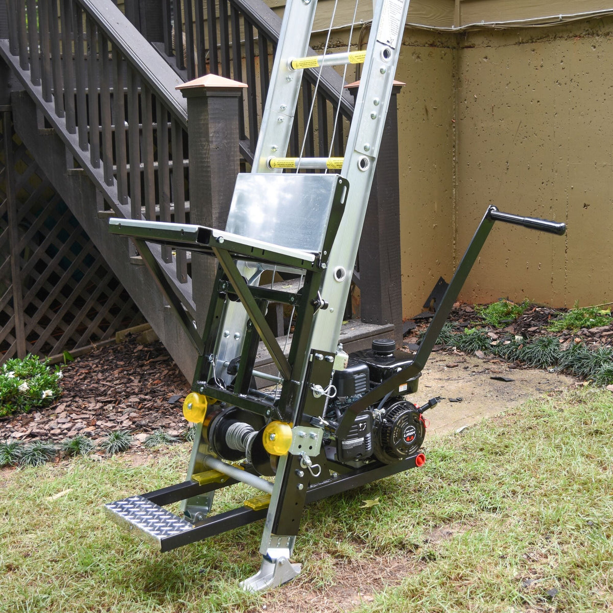 Tie Down TranzPorter TP400 Roofing Platform Ladder Hoist with Lifan Gas Engine, 28-ft Track, 400-lb Capacity