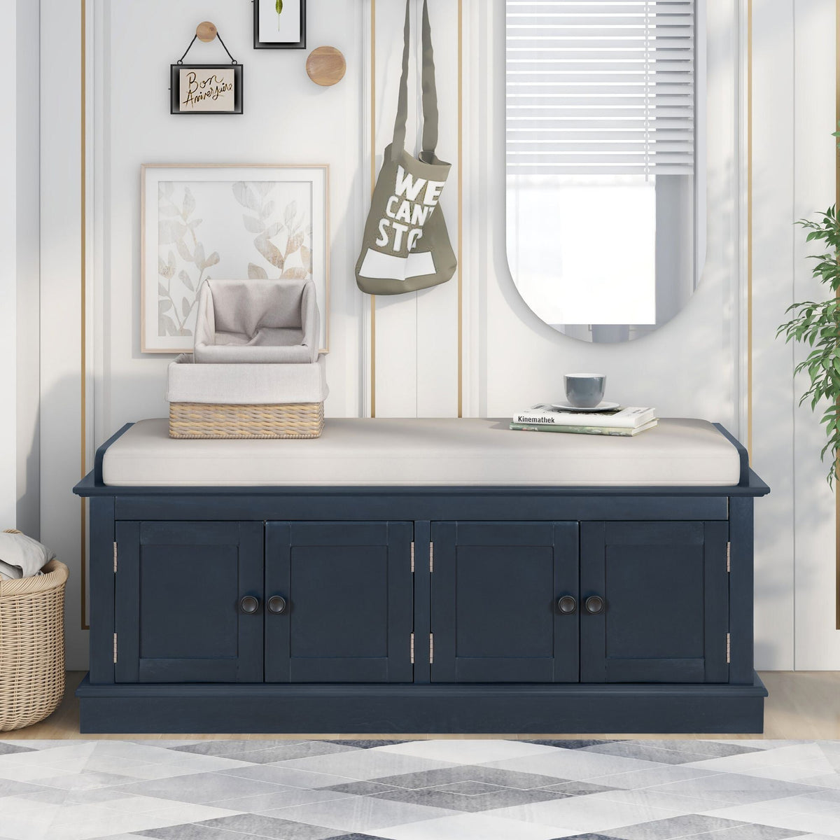 Qualler Modern Antique Navy Storage Bench 42.7-in x 16-in x 17.4-in