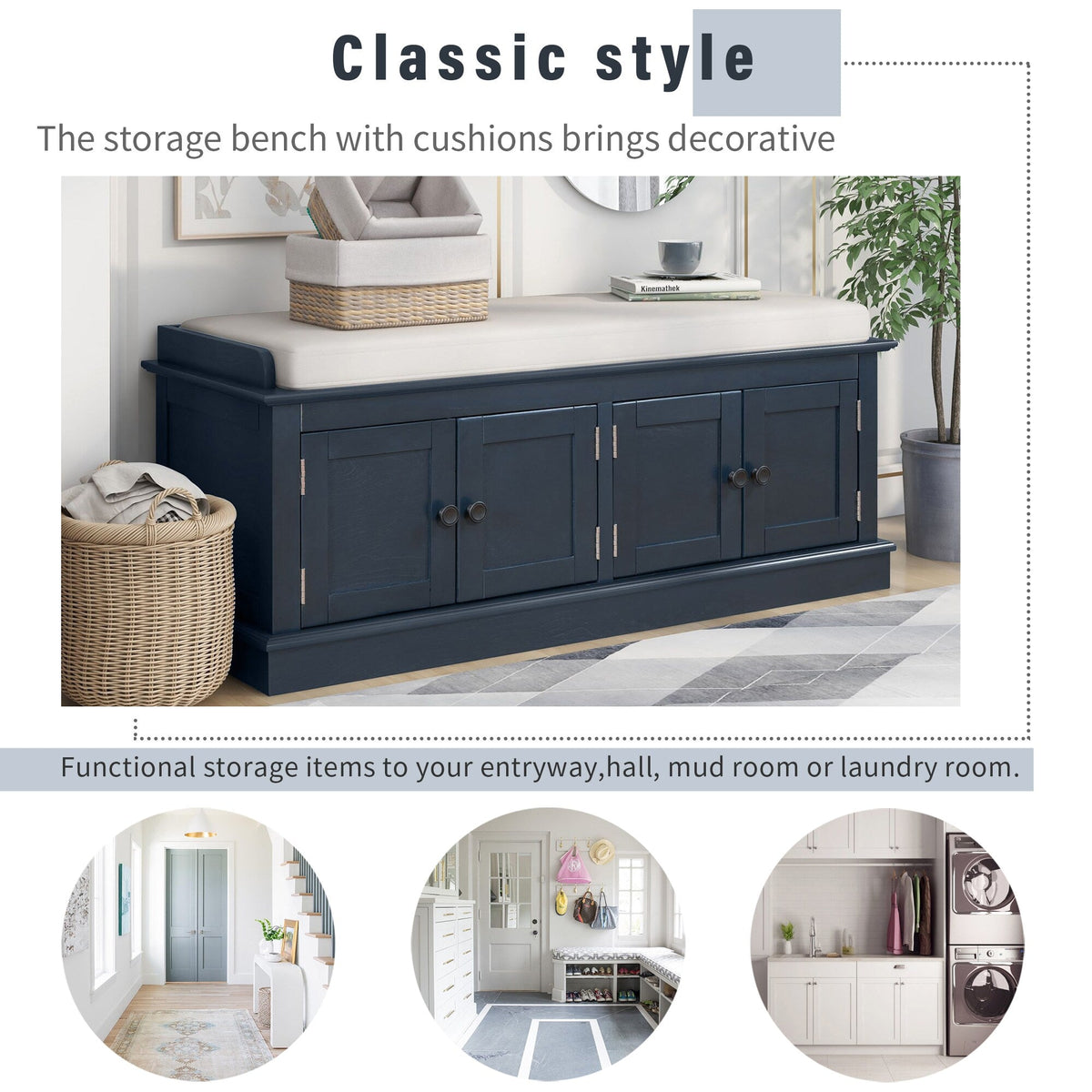 Qualler Modern Antique Navy Storage Bench 42.7-in x 16-in x 17.4-in