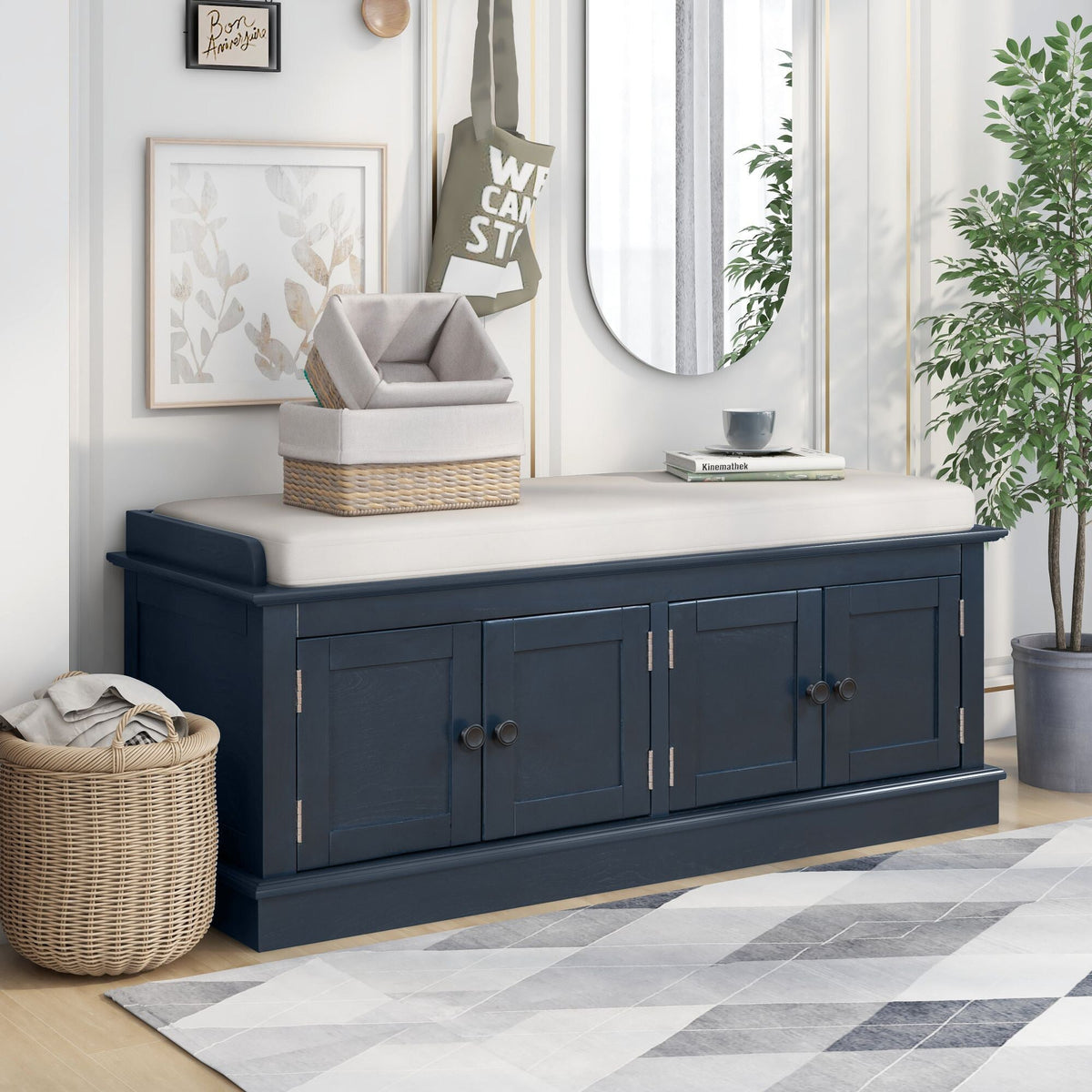 Qualler Modern Antique Navy Storage Bench 42.7-in x 16-in x 17.4-in