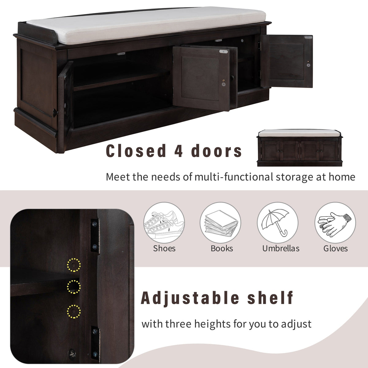Qualler Modern Espresso Storage Bench 42.7-in x 16-in x 17.4-in