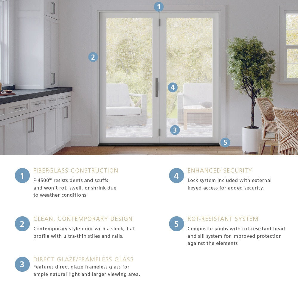 JELD-WEN 72-in x 80-in Fiberglass French, Right-hand outswing – feature callout