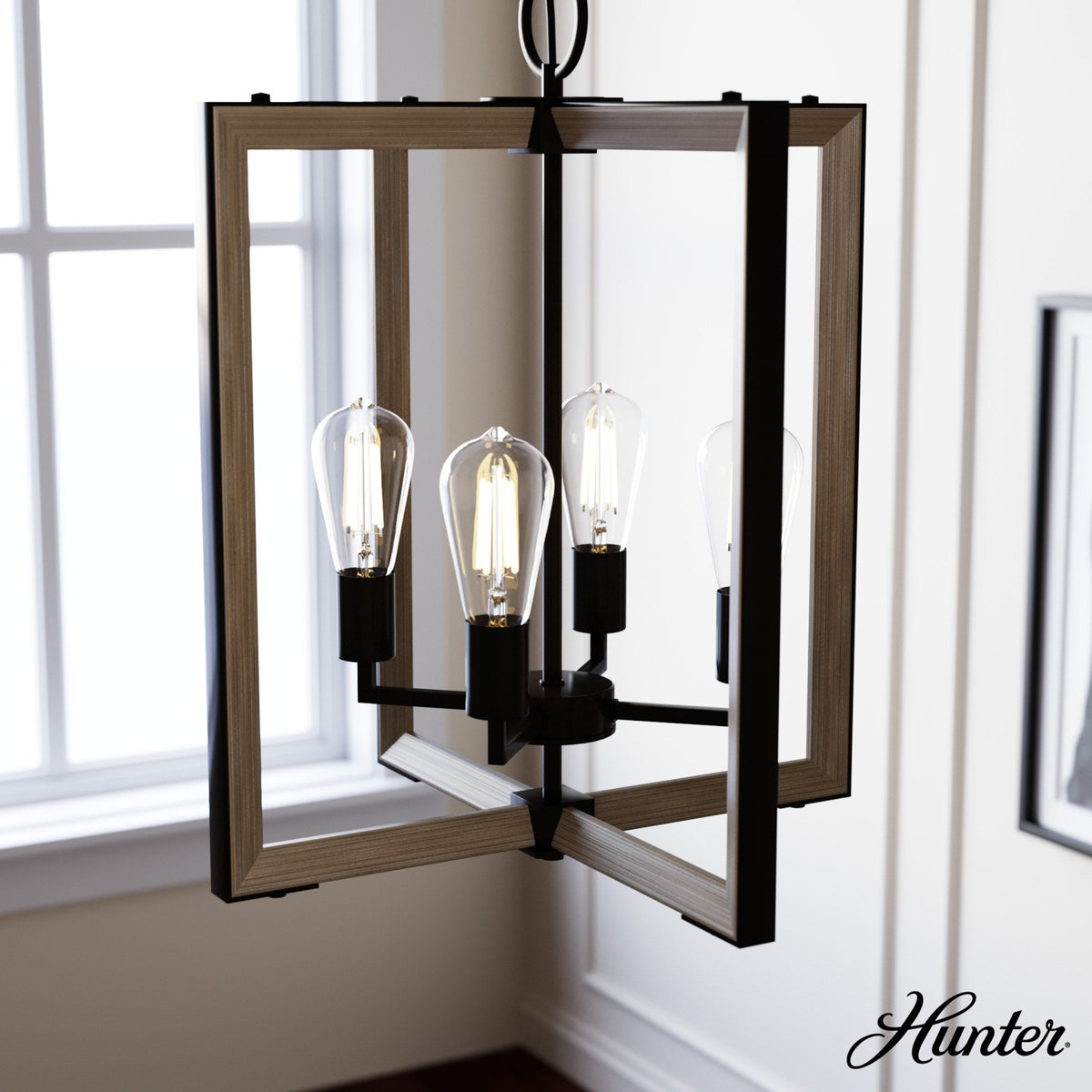 Hunter Woodburn 4-Light Noble Bronze Modern/Contemporary Square LED Medium Hanging Kitchen Island Light