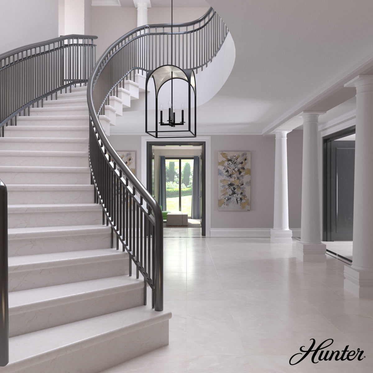 Hunter Dukestown 4-Light Natural Iron Transitional Lantern LED Medium Hanging Kitchen Island Light