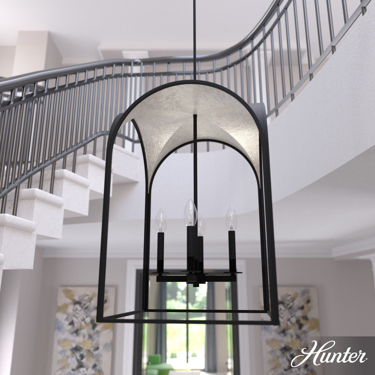 Hunter Dukestown 4-Light Natural Iron Transitional Lantern LED Medium Hanging Kitchen Island Light