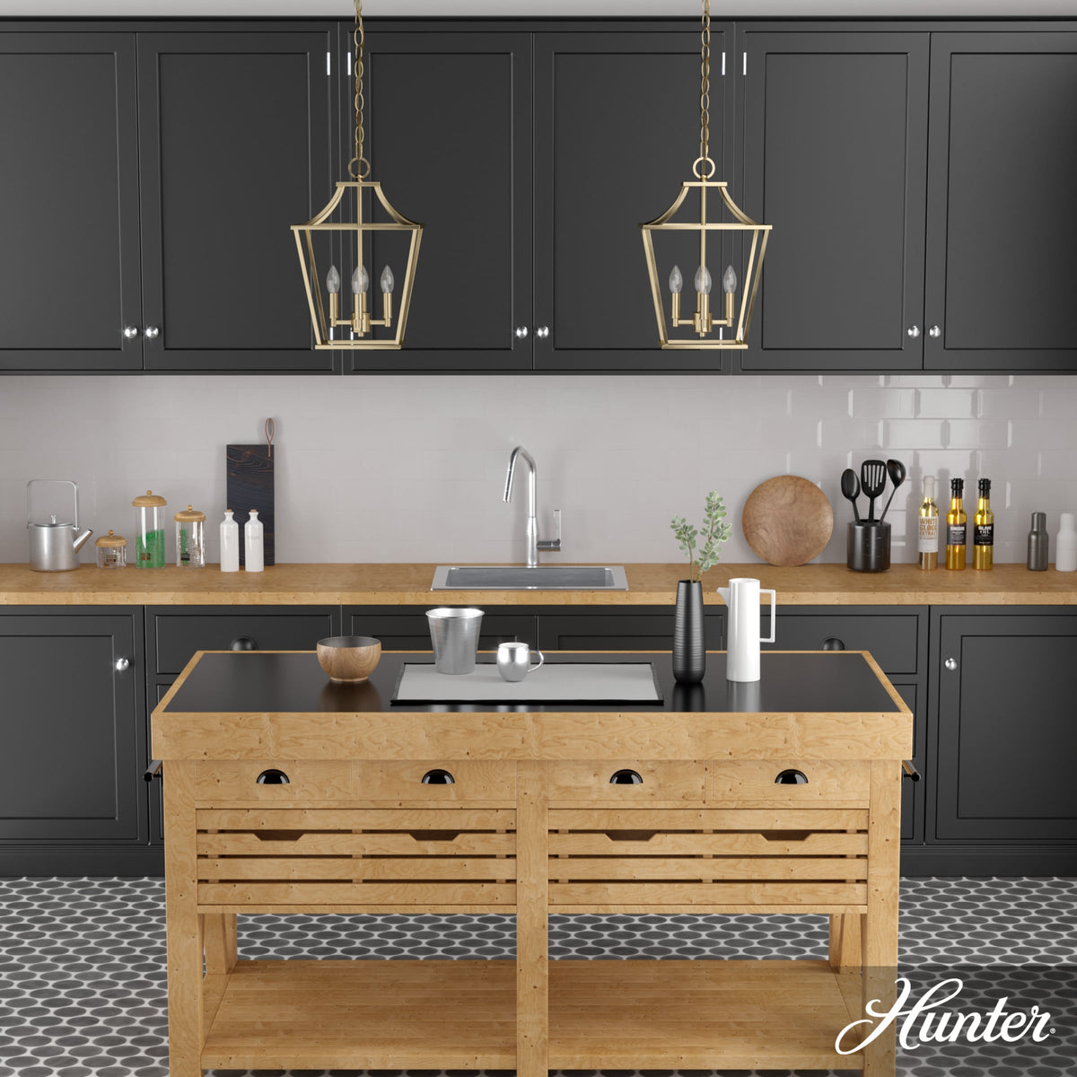 Hunter Laurel Ridge 4-Light Alturas Gold Transitional Lantern LED Medium Hanging Kitchen Island Light
